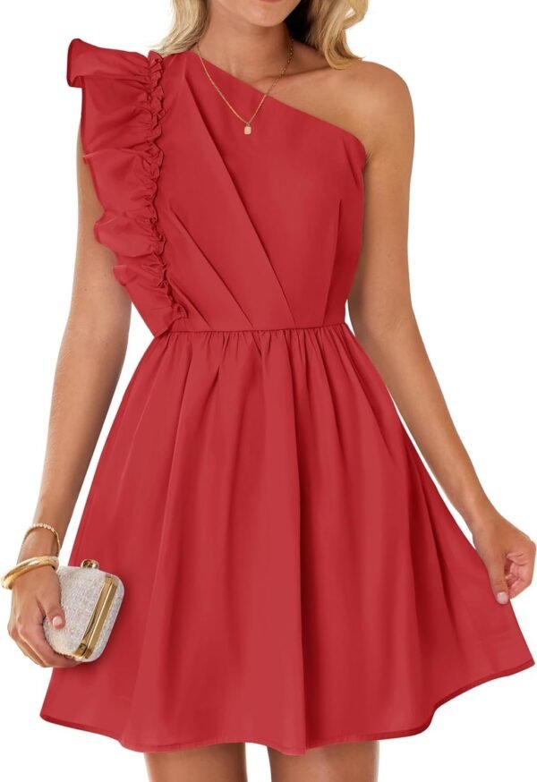 Connecteri Women's Summer One Shoulder Ruffle Dress 2024 Boho Sleeveless Elastic High Waist Swing Mini Dresses