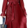 Connecteri  Women's Floral Midi Dress Puff Long Sleeve Casual Ruffle Chiffon A-Line Swing Pleated Belted Tea Party Dresses