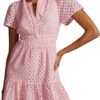 Connecteri  Womens 2024 Summer Short Dress V Neck Short Sleeve A Line Hollow Out Lace Ruffle Cute Casual Beach Party Dresses