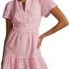 Connecteri  Womens 2024 Summer Short Dress V Neck Short Sleeve A Line Hollow Out Lace Ruffle Cute Casual Beach Party Dresses