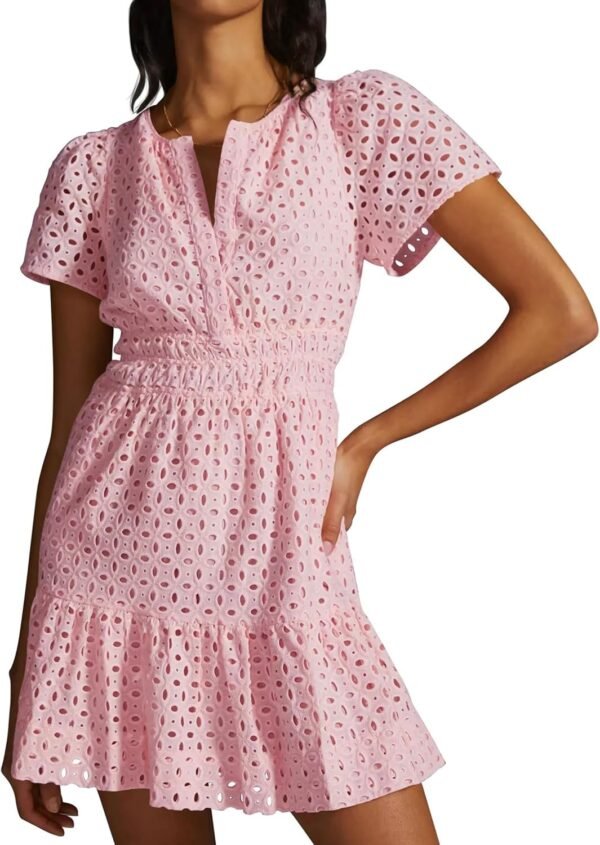Connecteri  Womens 2024 Summer Short Dress V Neck Short Sleeve A Line Hollow Out Lace Ruffle Cute Casual Beach Party Dresses