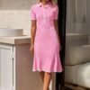 Connecteri  Women's V Neck Ribbed Knit Midi Dress Short Sleeve Button Elegant Bodycon Sweater Dresses