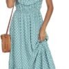 Women's Polka Dots Short Sleeve V Neck Dresses Vintage Boho Maxi Summer Dress with Stretchy Waist