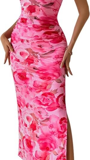 Connecteri  Women's Summer Maxi Bodycon Dresses Strapless Tube Top Printed Long Party Club Slit Dress