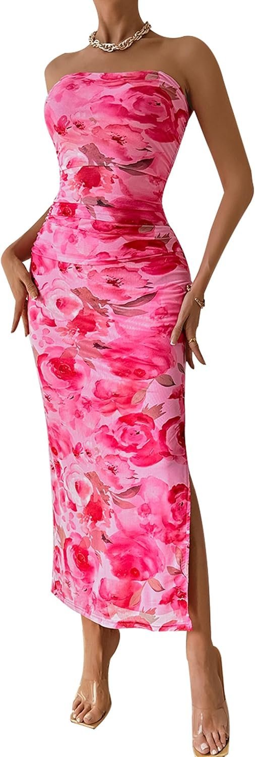 Connecteri  Women's Summer Maxi Bodycon Dresses Strapless Tube Top Printed Long Party Club Slit Dress