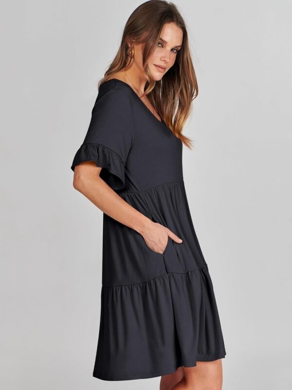 Connecteri  Women's 2024 Summer Trendy V Neck Ruffle Short Sleeve A Line Tiered Flowy Casual Mini Beach Dress with Pockets