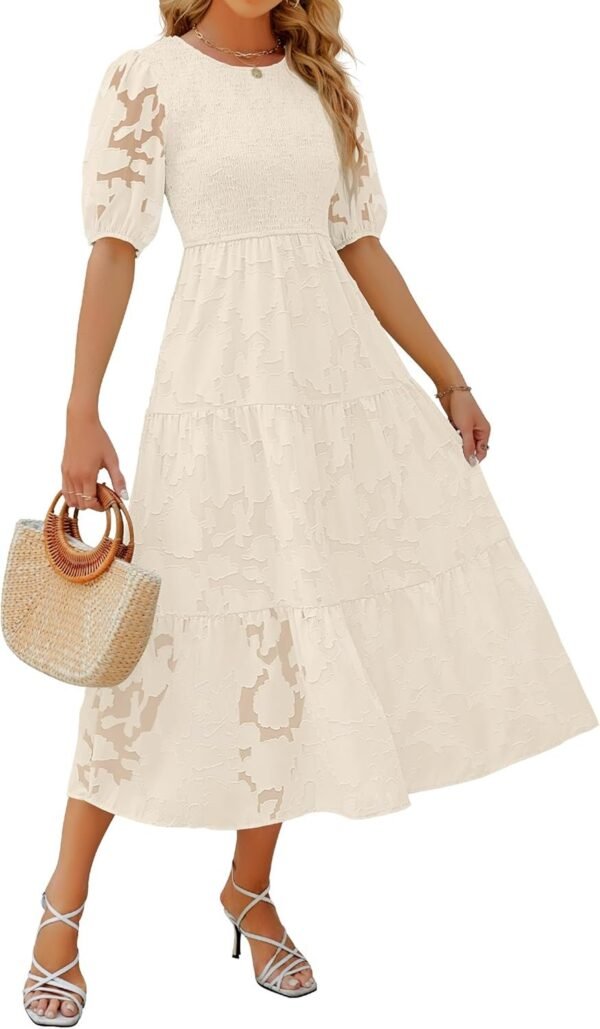 Connecteri Women's 2024 Summer Short Puff Sleeve Crewneck Smocked Floral Lace Flowy A Line Tiered Maxi Dresses