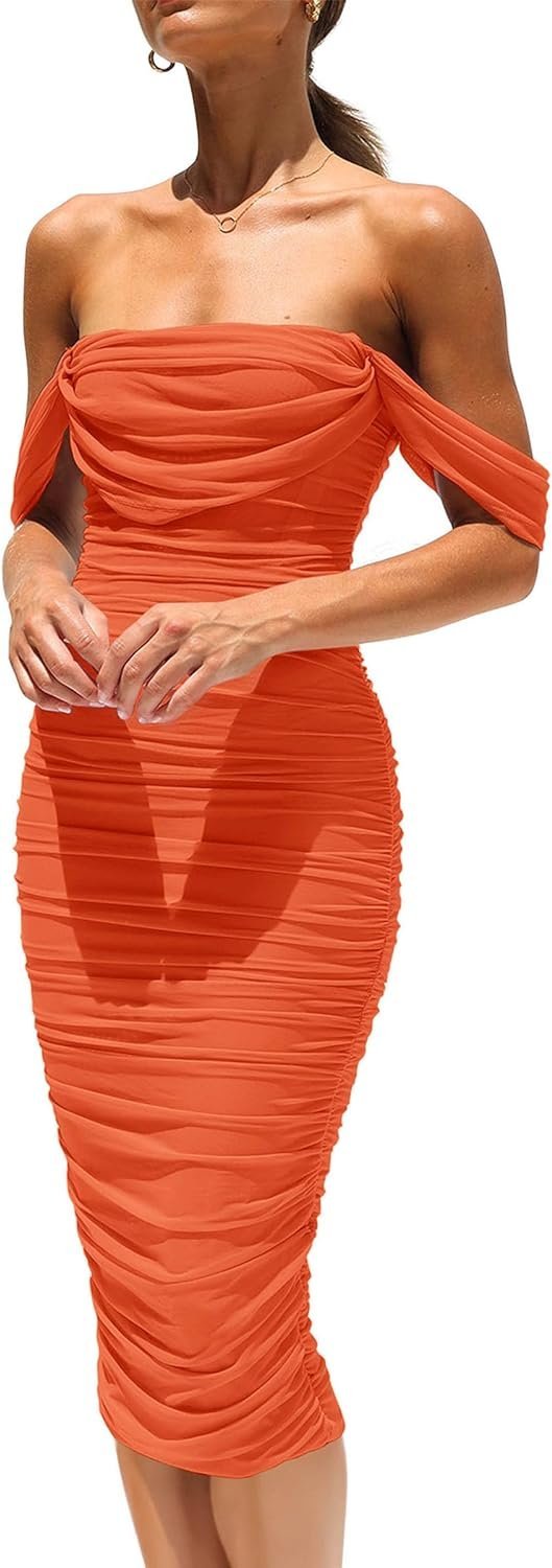 Connecteri?Womens Summer Off The Shoulder Ruched Bodycon Dresses Sleeveless Fitted Party Club Midi