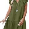 Connecteri  Womens Summer V-Neck Drawstring Ruffle Cap Short Sleeve Casual Shift Mini Dress with Pockets