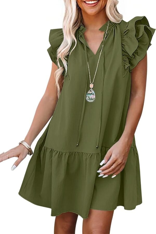 Connecteri  Womens Summer V-Neck Drawstring Ruffle Cap Short Sleeve Casual Shift Mini Dress with Pockets
