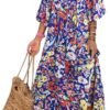 Connecteri  Womens Loose Fit Casual Summer V Neck Half Sleeve Bohemian Geometric Pattern Maxi Long Dresses