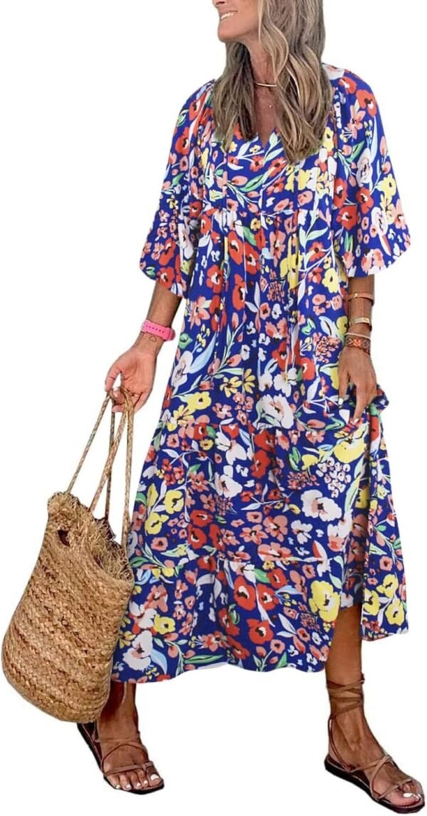 Connecteri  Womens Loose Fit Casual Summer V Neck Half Sleeve Bohemian Geometric Pattern Maxi Long Dresses
