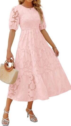 Connecteri Women's 2024 Summer Short Puff Sleeve Crewneck Smocked Floral Lace Flowy A Line Tiered Maxi Dresses