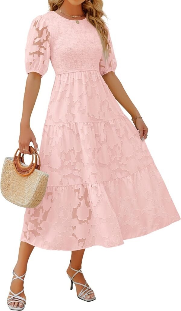 Connecteri Women's 2024 Summer Short Puff Sleeve Crewneck Smocked Floral Lace Flowy A Line Tiered Maxi Dresses