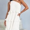 Connecteri Women's 2024 Summer Sleeveless Mini Dress Boho One Shoulder Ruffle Tiered Layered Chiffon Flowy A Line Dresses