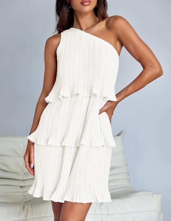 Connecteri Women's 2024 Summer Sleeveless Mini Dress Boho One Shoulder Ruffle Tiered Layered Chiffon Flowy A Line Dresses