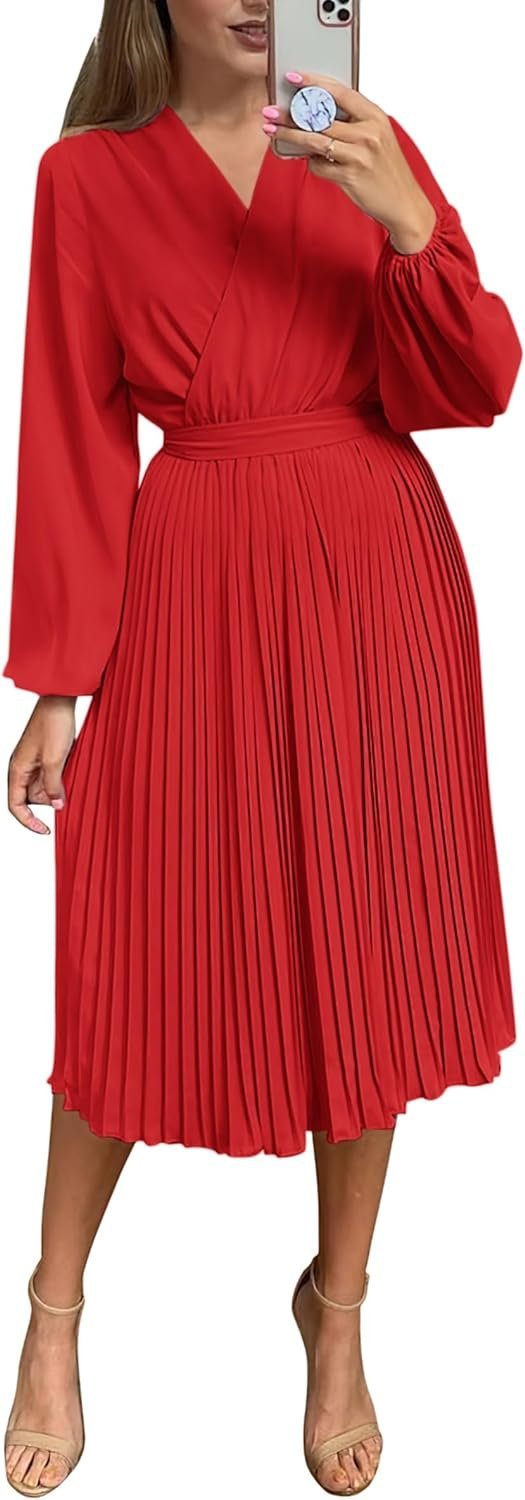 Connecteri  Womens V Neck Flowy Ruffle Pleated Casual Fall Dress