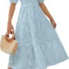 Connecteri Women's 2024 Summer Short Puff Sleeve Crewneck Smocked Floral Lace Flowy A Line Tiered Maxi Dresses