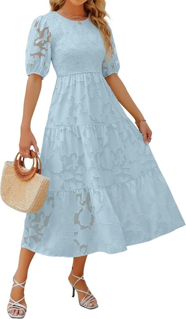 Connecteri Women's 2024 Summer Short Puff Sleeve Crewneck Smocked Floral Lace Flowy A Line Tiered Maxi Dresses