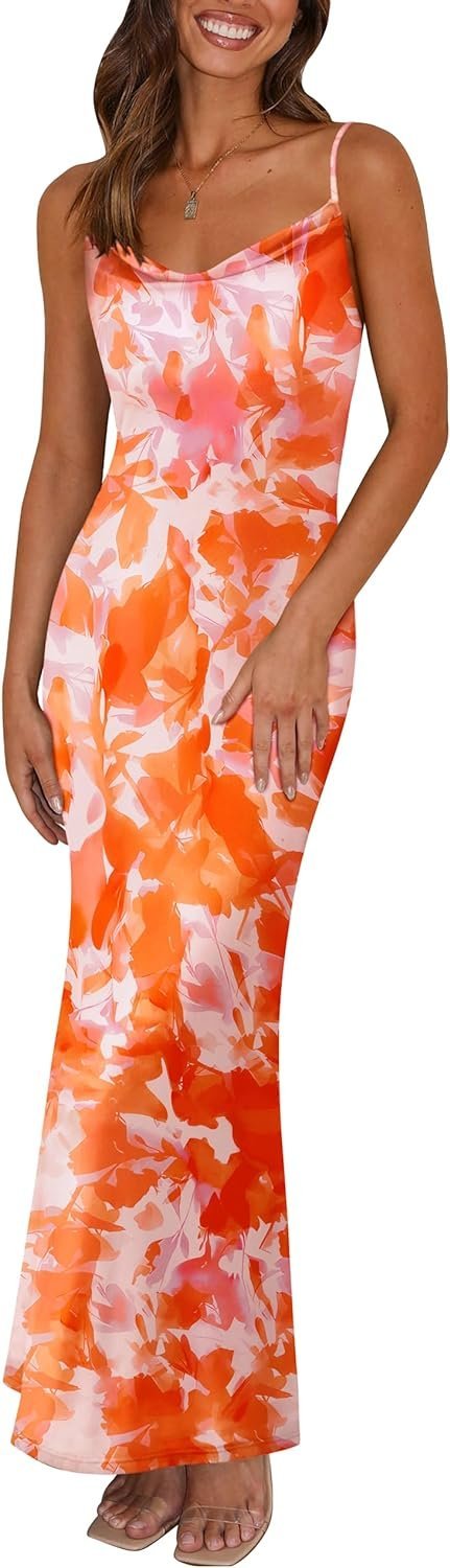 Connecteri  Women's 2024 Summer Floral Spaghetti Strap Maxi Dress Stretch Sexy Bodycon Dress Backless Slip Long Dresses