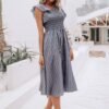 Connecteri  Women's Striped Linen Midi Dress Elegant Square Neck Ruffle Cap Sleeves Maternity Dress 2024 Summer Beach Dress