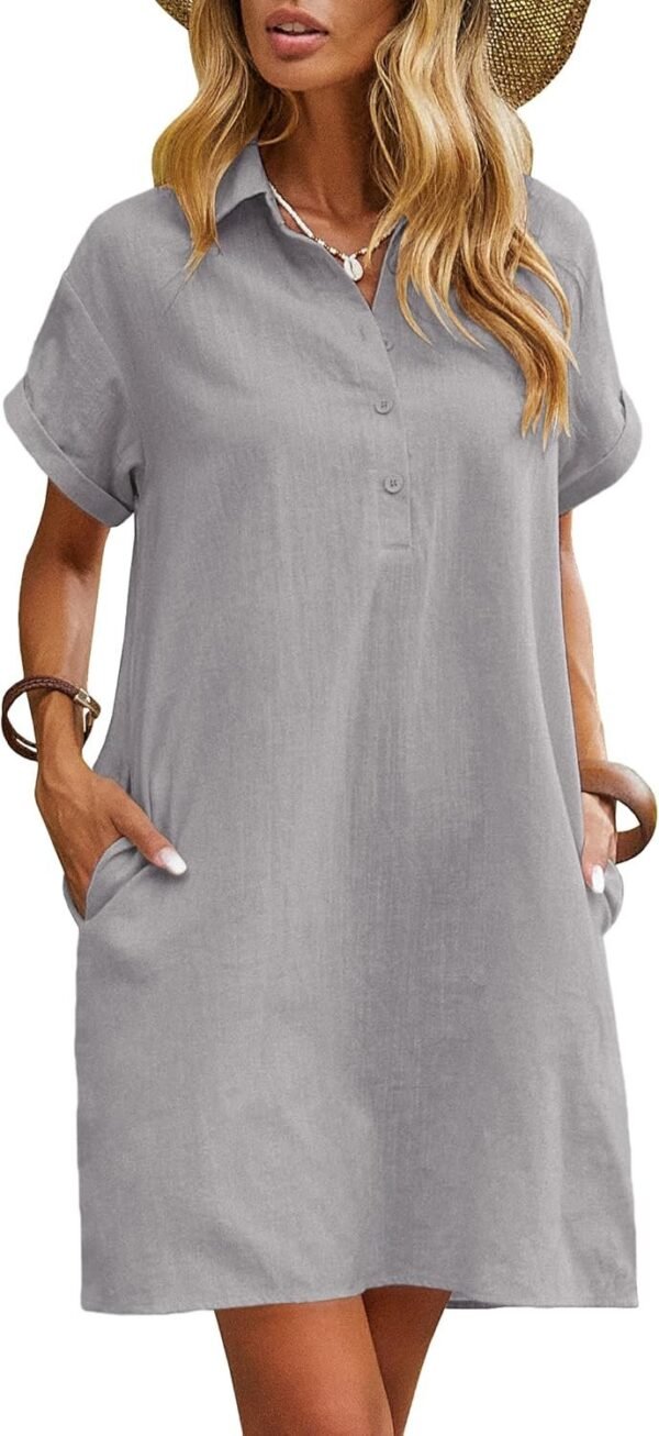 Connecteri  Womens Cotton Shirt Dress Summer Casual Short Sleeve Button Down Beach Cover Up Shirts with Pockets