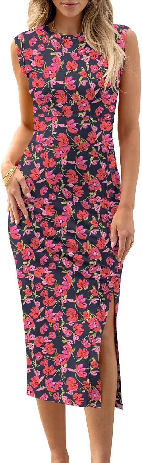 Connecteri  Womens Summer Sleeveless Bodycon Midi Dress Button Slit 2024 Fashion Casual Sundress Cocktail Party Dresses