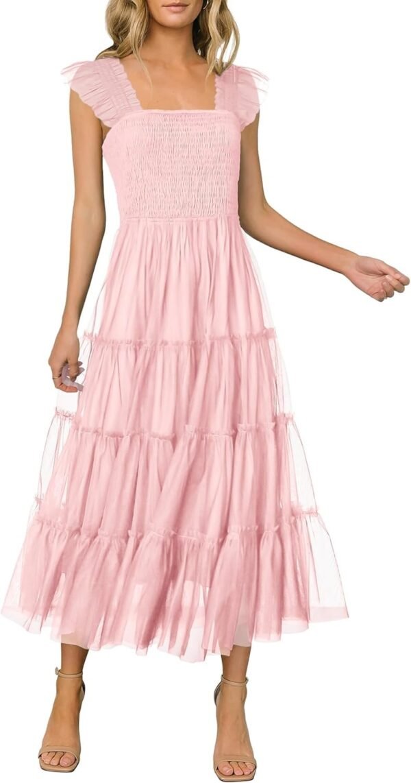 Connecteri?Womens 2024 Summer Casual Sleeveless Smocked Ruffle Tulle Flowy Beach Sundress