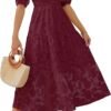 Connecteri Women's 2024 Summer Short Puff Sleeve Crewneck Smocked Floral Lace Flowy A Line Tiered Maxi Dresses