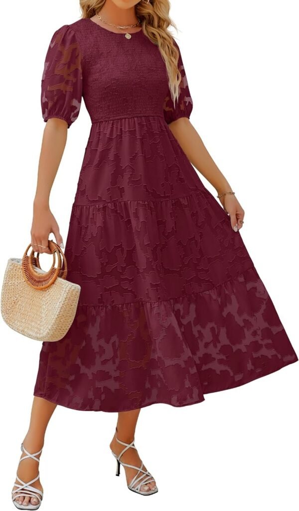 Connecteri Women's 2024 Summer Short Puff Sleeve Crewneck Smocked Floral Lace Flowy A Line Tiered Maxi Dresses