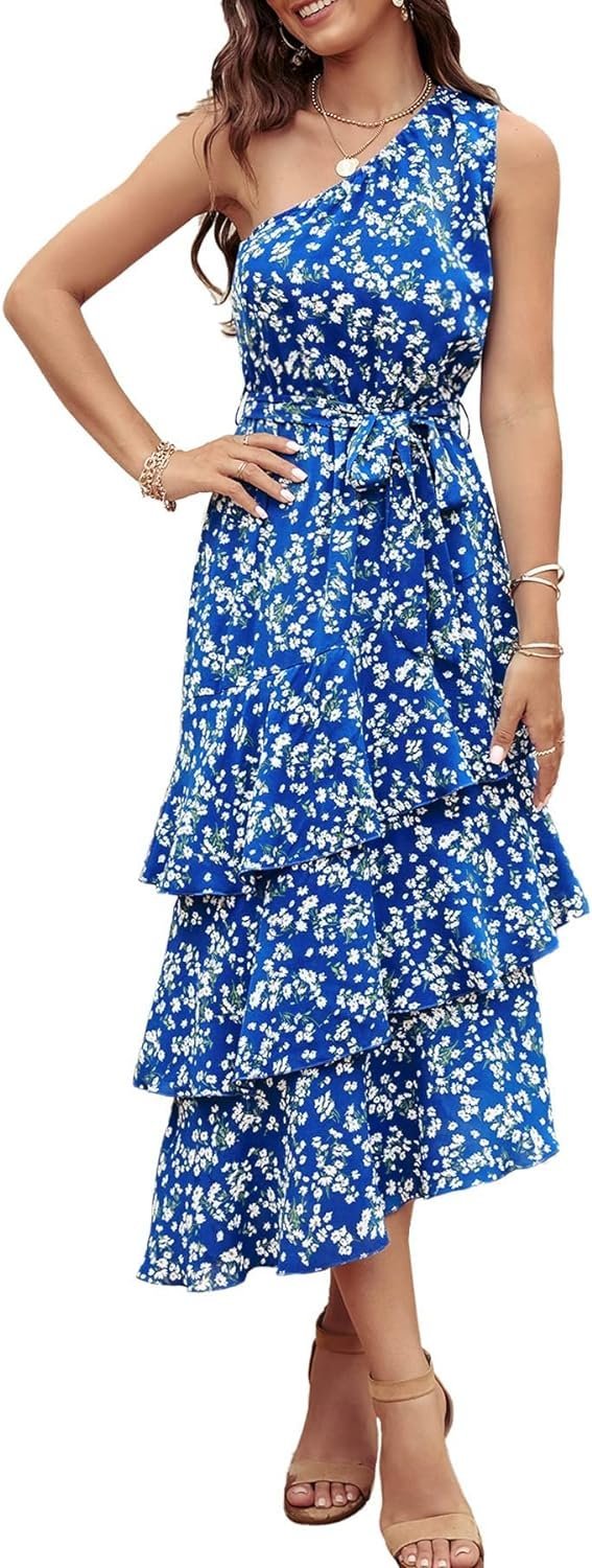Connecteri?Womens Summer Floral One Shoulder Tiered Ruffle Flowy Midi Beach Boho Dress