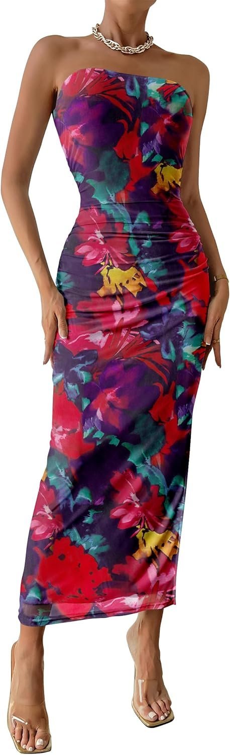Connecteri  Women's Summer Maxi Bodycon Dresses Strapless Tube Top Printed Long Party Club Slit Dress