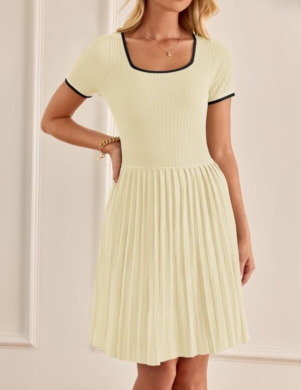 Connecteri Women's Ribbed Square Neck Color Block Pleated Mini Dress Short Sleeve A Line Knit Short Dresses