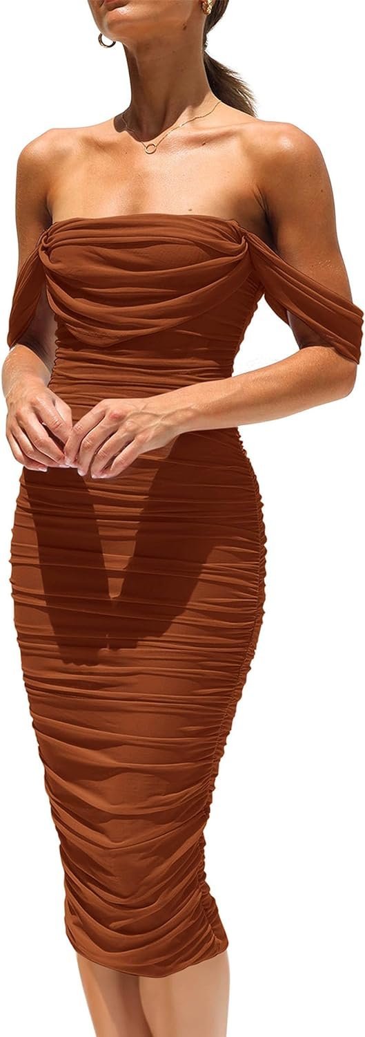 Connecteri  Womens Summer Off The Shoulder Ruched Bodycon Dresses Sleeveless Fitted Party Club Midi