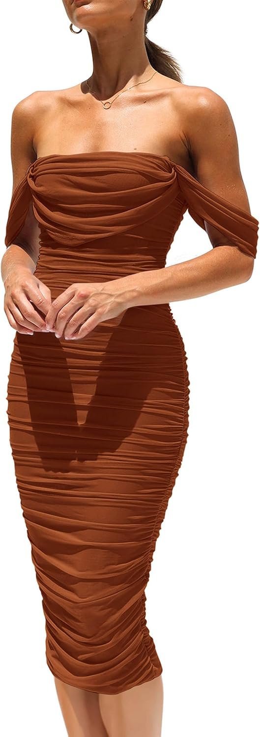 Connecteri?Womens Summer Off The Shoulder Ruched Bodycon Dresses Sleeveless Fitted Party Club Midi