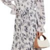 Connecteri  Women's Floral Midi Dress Puff Long Sleeve Casual Ruffle Chiffon A-Line Swing Pleated Belted Tea Party Dresses