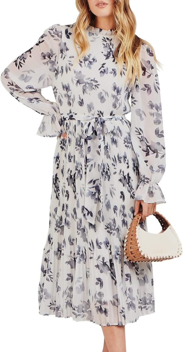 Connecteri  Women's Floral Midi Dress Puff Long Sleeve Casual Ruffle Chiffon A-Line Swing Pleated Belted Tea Party Dresses