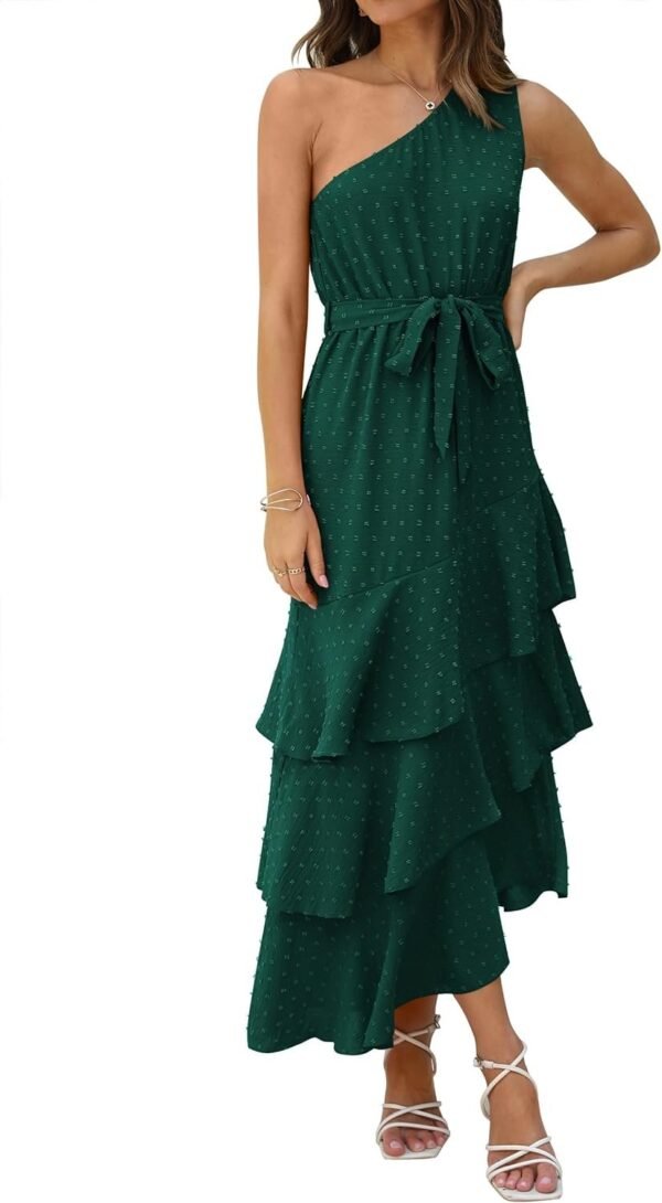 Connecteri?Womens Summer Floral One Shoulder Tiered Ruffle Flowy Midi Beach Boho Dress