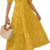 Connecteri Women's 2024 Summer Short Puff Sleeve Crewneck Smocked Floral Lace Flowy A Line Tiered Maxi Dresses