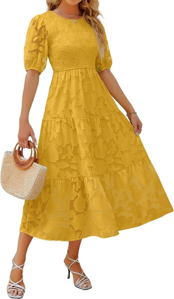 Connecteri Women's 2024 Summer Short Puff Sleeve Crewneck Smocked Floral Lace Flowy A Line Tiered Maxi Dresses