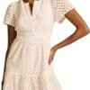 Connecteri  Womens 2024 Summer Short Dress V Neck Short Sleeve A Line Hollow Out Lace Ruffle Cute Casual Beach Party Dresses
