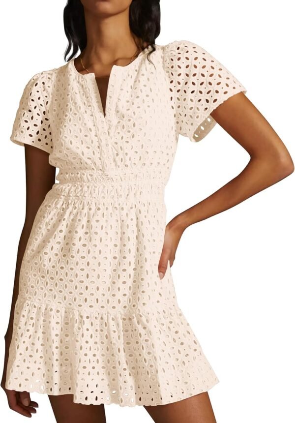Connecteri  Womens 2024 Summer Short Dress V Neck Short Sleeve A Line Hollow Out Lace Ruffle Cute Casual Beach Party Dresses