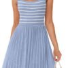 Connecteri Women's Summer Sleeveless Mini Dress 2024 Square Neck Striped Knit A Line Pleated Tank Dresses