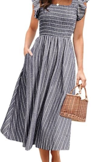 Connecteri  Women's Striped Linen Midi Dress Elegant Square Neck Ruffle Cap Sleeves Maternity Dress 2024 Summer Beach Dress