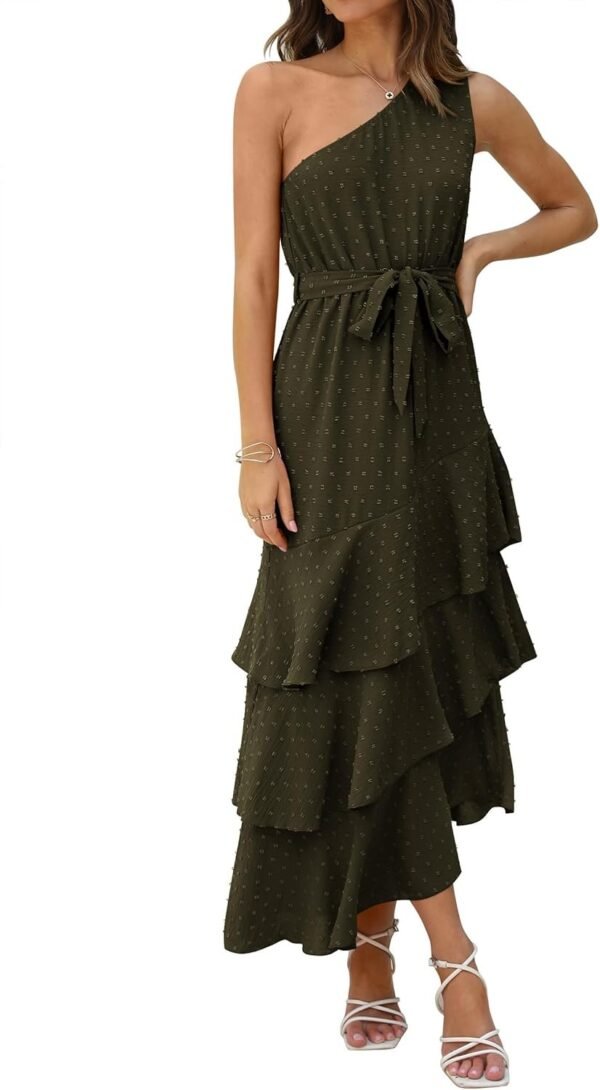 Connecteri?Womens Summer Floral One Shoulder Tiered Ruffle Flowy Midi Beach Boho Dress