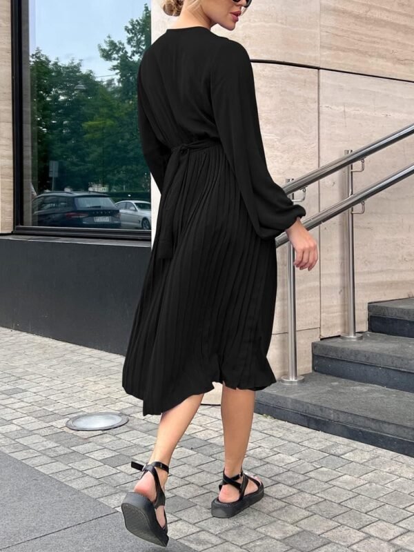 Connecteri  Womens V Neck Flowy Ruffle Pleated Casual Fall Dress