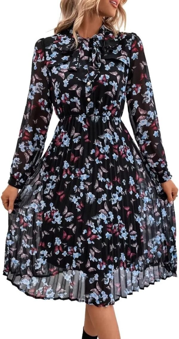 Connecteri  Work Dresses for Women 2023 Long Sleeves Chiffon Black Dress Retro Pleated Buttons Down Bow Tie Loose Causal Dresses