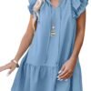 Connecteri  Womens Summer V-Neck Drawstring Ruffle Cap Short Sleeve Casual Shift Mini Dress with Pockets