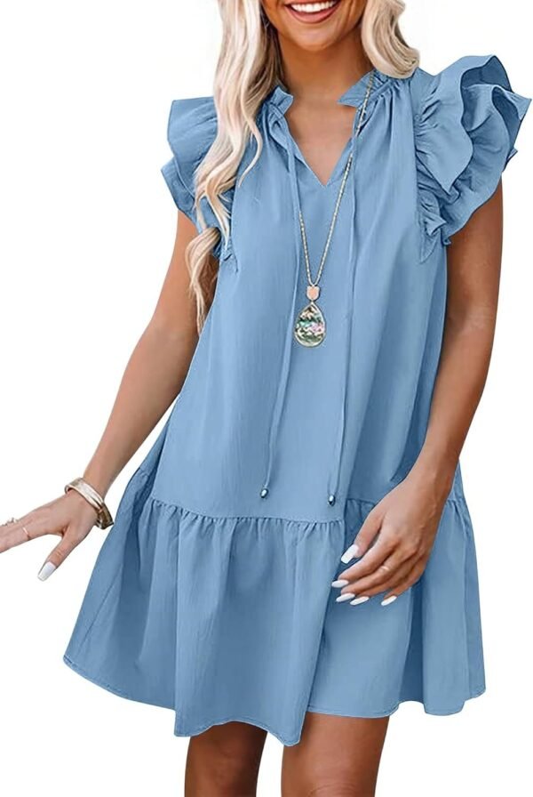 Connecteri  Womens Summer V-Neck Drawstring Ruffle Cap Short Sleeve Casual Shift Mini Dress with Pockets