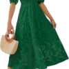 Connecteri Women's 2024 Summer Short Puff Sleeve Crewneck Smocked Floral Lace Flowy A Line Tiered Maxi Dresses
